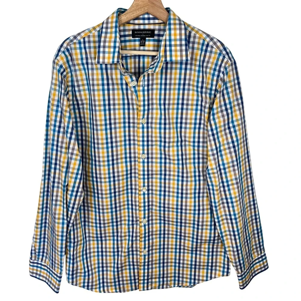 Banana Republic Mens Tailored Slim Fit Non Iron Blue Gingham Button Down Shirt L